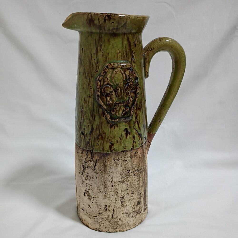 Vintage Fleur de Lis Ceramic & Clay Pitcher- Large Green Vase- French Garden 14"